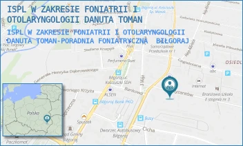 ISPL W ZAKRESIE FONIATRII I OTOLARYNGOLOGII DANUTA TOMAN-PORADNIA FONIATRYCZNA - ISPL W ZAKRESIE FONIATRII I OTOLARYNGOLOGII DANUTA TOMAN - PARTYZANTÓW 10,  BIŁGORAJ